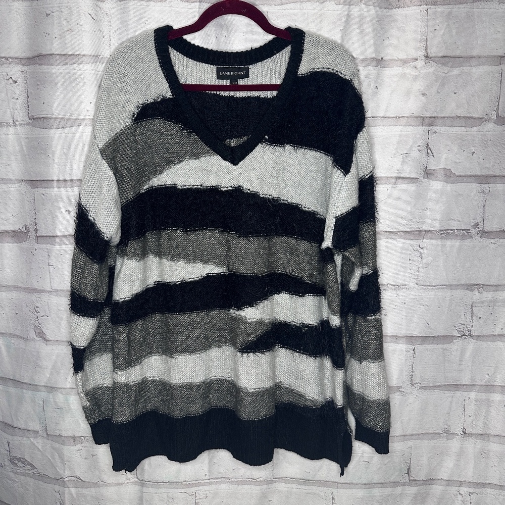 Lane Bryant Mixed Texture Striped Sweater Black Gray White 18/20